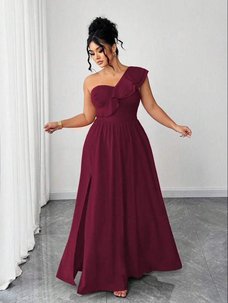 SHEIN Elenzya Vestido Longo Feminino Plus Size Elegante com Babados na Barra e Alças Finas, Cor Sólida, Adequado para Volta às Aulas, Formatura, Dia dos Namorados, Festival de Música, Dia das Mães, Halloween, Ação de Graças, Páscoa, Dia Nacional, Baile de Formatura, Festa de Encontro, Temporada de Casamentos, Excursão ao Ar Livre - Vinho - Visão 3