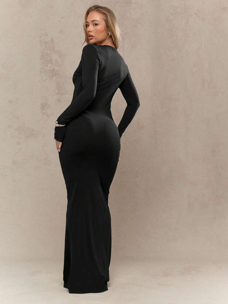 MISSGUIDED Long Sleeve Bodycon Maxi Dress Round Neck Floor Length Fitted Evening Dress For Fall Winter
