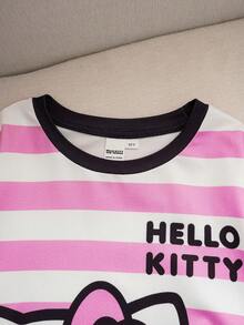 HELLO KITTY AND FRIENDS | SHEIN 2 件套少女可爱卡通小猫心形印花条纹拼色圆领长袖上衣和裤子睡衣套装 - 粉色 - 查看 4