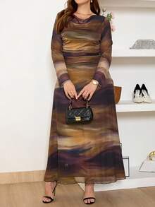 SHEIN Frenchy Váy in họa tiết nhuộm có mũ cỡ lớn dành cho nữ, váy rộng thanh lịch, thời trang, mới cho mùa xuân/hè, vải lưới mềm mại, độ co giãn cao, cỡ lớn - Nhiều màu - Xem 3