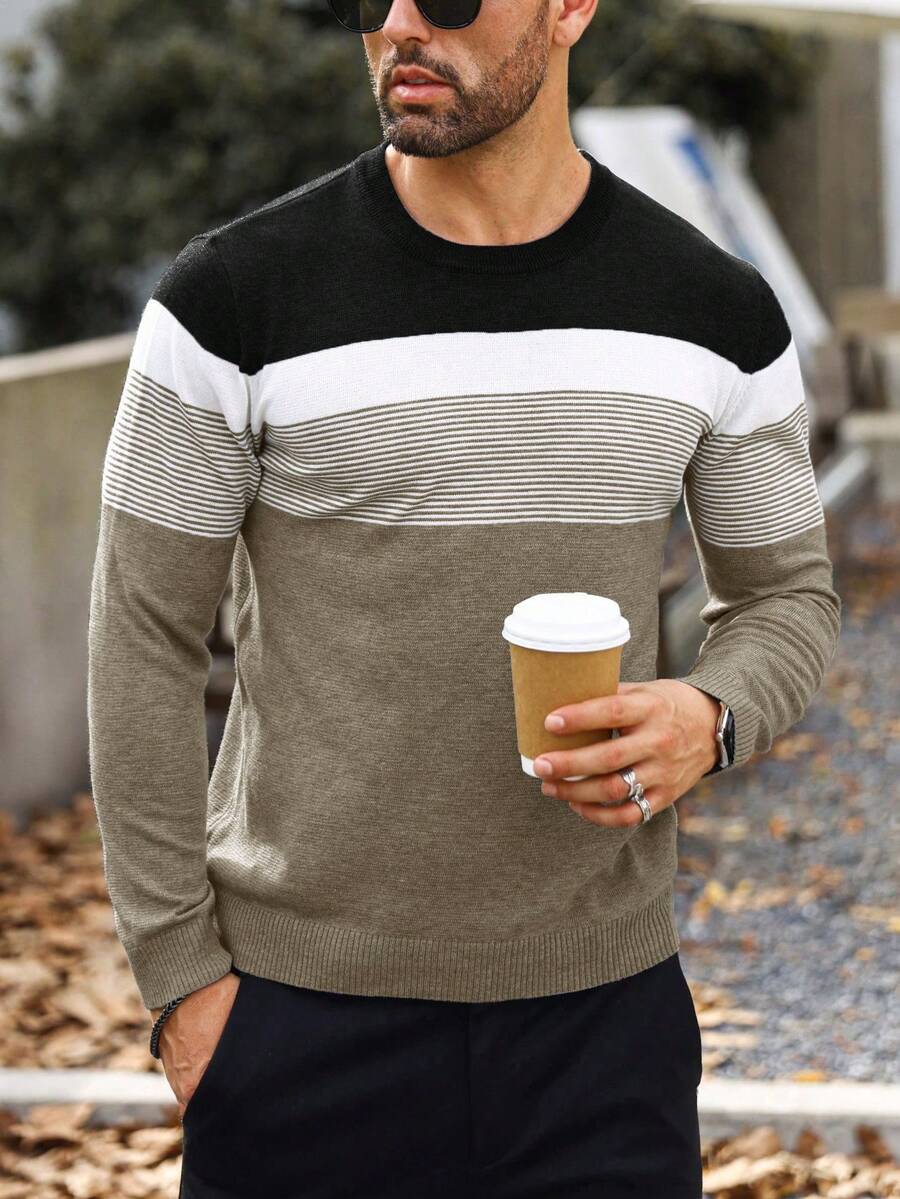 Manfinity Mode Men's Casual Contrast Color Crew Neck Long Sleeve Sweater Jumper For Men Long Sleeve Tops For Men - Camel - View 1