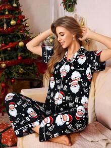 SHEIN 粉色郁金香印花翻领短袖睡衣套装（女款） - 彩色 - 查看 5