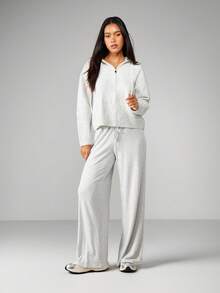 MISSGUIDED 女士羊绒质感拉链连帽开衫针织毛衣，适合秋冬季叠穿 - 淺灰色 - 查看 3