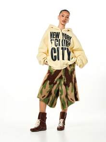 SUMWON WOMEN Boxy Fit Oversized Full Zip Hoodie With Drawstring And New York City Graphic Print For Casual Wear - Yellow - View 6