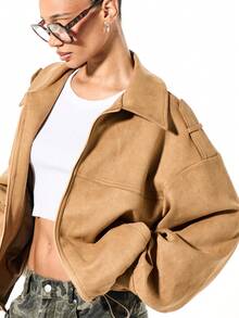 SUMWON WOMEN Faux Suede Oversized Bomber Jacket For Women Casual Streetwear Fall Winter Outerwear - Khaki - View 5