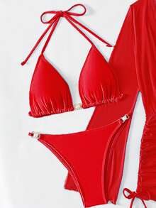 SHEIN Swim Vcay 女士纯色吊带系带性感比基尼泳衣套装，含宽松罩衫 - 紅色 - 查看 4