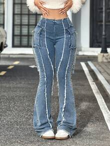 SHEIN Tall 女士高腰毛边工装口袋喇叭裤休闲牛仔裤 - 藍色 - 查看 5