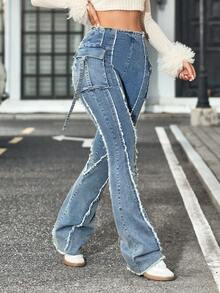 SHEIN Tall 女士高腰毛边工装口袋喇叭裤休闲牛仔裤 - 藍色 - 查看 4