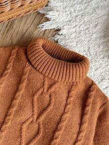 Girls' Fashion Turtleneck Twist Rope Long Sleeve Sweater Dress,Kids Brown Apricot Tan Autumn Dress,Back To School Outing Party Fashionable Knitwear - Brown - View 3
