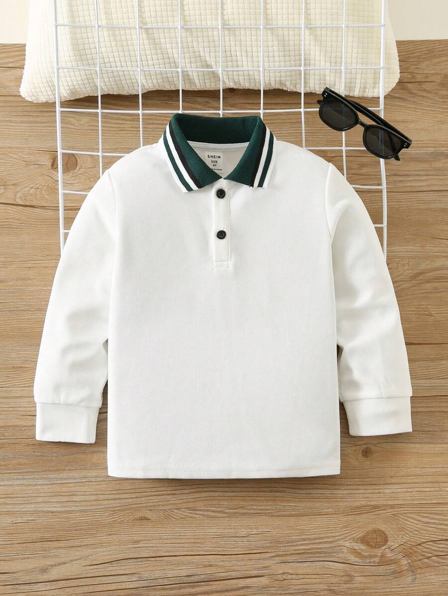 SHEIN Boys' Casual Loose Fit Solid Color Knit Long Sleeve POLO Shirt, Flat Collar, Suitable For New Year Party, Christmas Green Christmas  Outfits Thanksgiving Outfits For Boys Long Sleeve Top - White - View 1