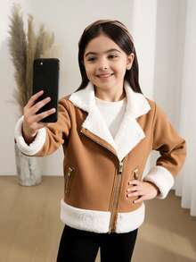 SHEIN Kurtka dla młodej dziewczyny, swobodna, z grubego, zamszowego materiału z podszewką termiczną i kołnierzem typu "turndown", modna, uniwersalna na codzienne wyjścia, pasująca do różnych swetrów, koszulek i spodni, na jesień/zimę