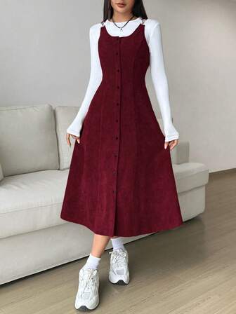 SHEIN EZwear 女式酒红色纽扣无袖腰连衣裙（不含T恤）