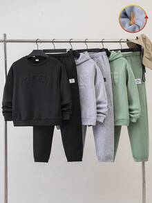 SHEIN 6 件套儿童/青少年男童休闲日常舒适字母印花连帽运动衫和宽松慢跑裤 2 件套针织服装，3 种款式 - 彩色 - 查看 6