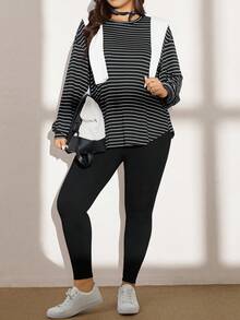 SHEIN LUNE Plus Size Fall Women Black & White Striped 2-Piece Set: Striped T-Shirt & Leggings, Casual Sports Workout Set Women Clothing Sets Airport Women Outfits Outfit Sets Two Pieces Piece Set Travel Outfit Airport