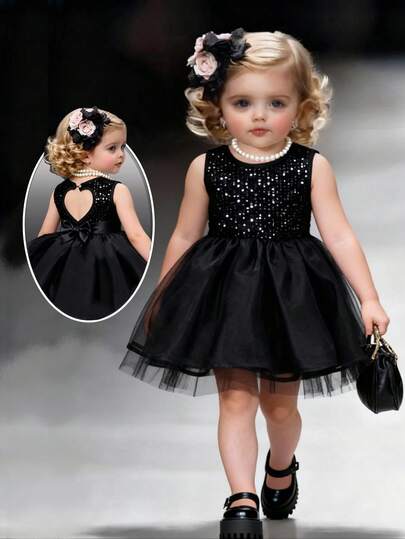 Elegante y lindo vestido sin mangas de malla negra con cuentas