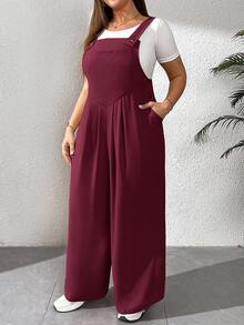 SHEIN Essnce Plus Size Women's Spring And Summer Fashion Casual Loose Comfortable Daily Red Suspenders Wide-Leg Pants Jumpsuit,Summer Outfits For Women,Beach Vacation,Spring Clothes/Winter - Burgundy - View 5