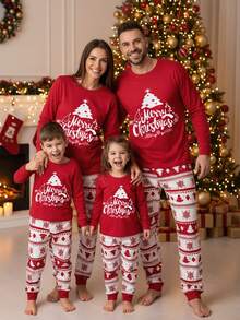 SHEIN 2 件套圣诞树和雪花印花长袖上衣和裤子休闲睡衣套装，适合小男孩 - 彩色 - 查看 1