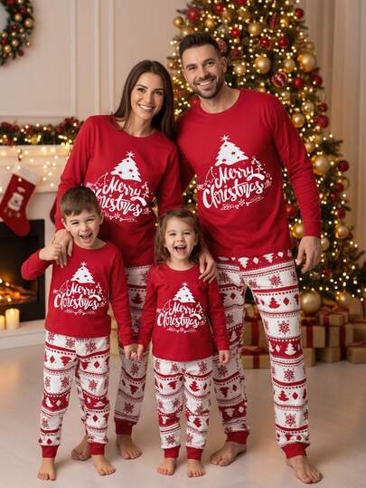 SHEIN 2 件套圣诞树和雪花印花长袖上衣和裤子休闲睡衣套装，适合小男孩