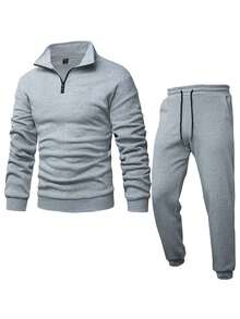 Manfinity Homme 男士纯色拉链半开襟卫衣和运动裤休闲两件套运动服，适合慢跑、健身等运动场合。 - 灰色 - 查看 3