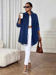 SHEIN ICON Đầm denim tay dài dáng rộng màu xanh dương cỡ lớn, thoải mái và dễ chịu - Rửa tối - Xem 5