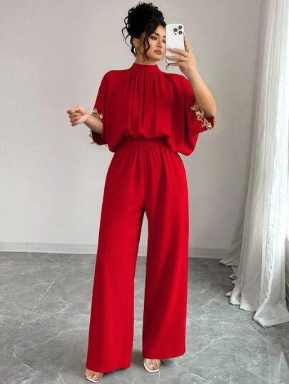 Elenzga 大码女式优雅短袖连体裤，立领，后系带，刺绣袖口，适合日常和派对穿着