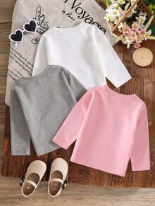 SHEIN GraphicGems 3件套女婴男女通用幼儿（6个月-3岁）休闲可爱水豚、猫脸、河马印花长袖针织圆领T恤，适合春、秋、冬三季穿着。 - 彩色 - 查看 3