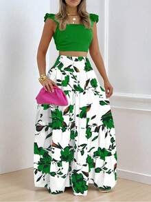 SHEIN Clasi Set de 2 prendas con volantes y estampado floral sexy para vacaciones para mujer - Multicolor - Ver 3