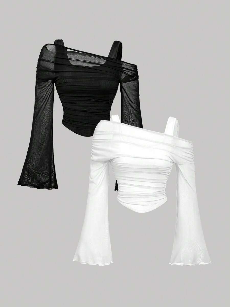 SHEIN MOD 2pcs/Set White And Black Asymmetric-Shoulder Bell Sleeve T-Shirts - Black and White - View 1