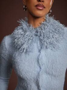 L'Amorae Women's New Knitted Cardigan, Fitted With Fur Collar - Blue - View 4