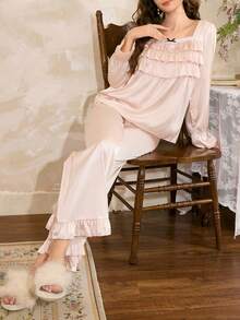 Côtesoire French Romantic Ruffle Satin Women Pajama Set, Winter Clothes - Champagne - View 6