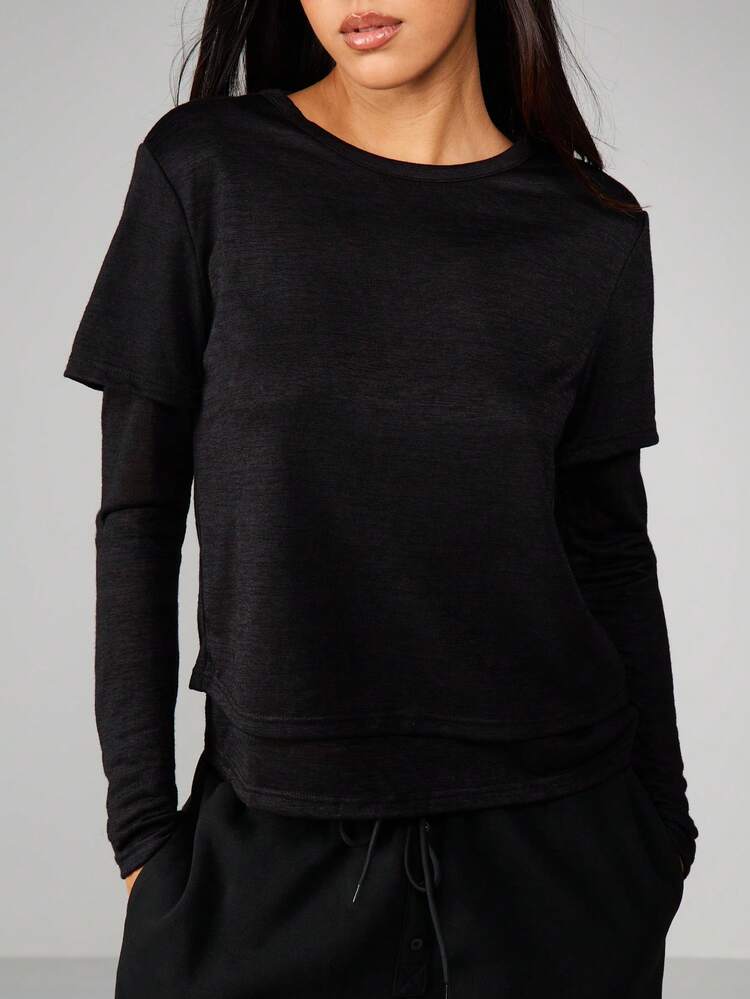 MISSGUIDED Long Sleeve Layered Detail Top With Short Sleeve Overlay For Casual Everyday Wear