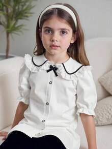 Mädchen Teenager Kollegial Lässig Bluse, mit Spitzen Peter Pan Kragen, Rüschensaum, Puffärmeln, Schleifenakzent - einzigartiges Design, akademischer Stil Kurzarmbluse