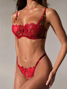 SHEIN BAE 2 件性感枫叶蕾丝文胸内衣套装，半透明 - 紅色 - 查看 6