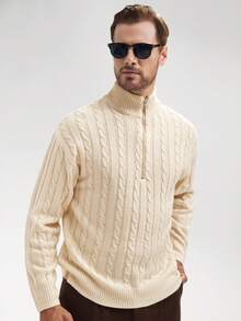 Manfinity Mode Men's Solid Color Front Half Zip Plain Long Sleeve Casual Pullover Sweater, For Friends, Fall/Winter