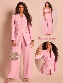 Glamine Bộ vest cổ khăn choàng màu nâu 3 món dành cho nữ, Bộ vest đa năng thường ngày cho nữ, Thích hợp mặc đi làm, đi chơi, đi làm, Bộ vest thường ngày rộng rãi - Hồng - Xem 2