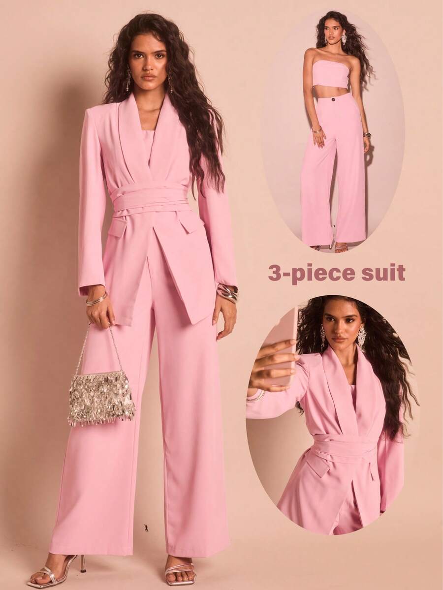 Glamine Bộ vest cổ khăn choàng màu nâu 3 món dành cho nữ, Bộ vest đa năng thường ngày cho nữ, Thích hợp mặc đi làm, đi chơi, đi làm, Bộ vest thường ngày rộng rãi