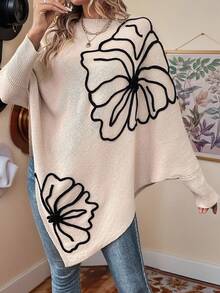 SHEIN Floral Pattern Batwing Sleeve Asymmetrical Hem Sweater,Long Sleeve Tops Knit Pullover Fall Winter Sweater - Apricot - View 1