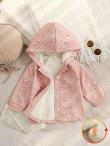 SHEIN Playful Pals Baby Girl Casual Everyday Commute Vacation Polka Dot & Ditsy Floral Thermal Lined Hooded Jacket, Autumn/Winter - Multicolor - View 7