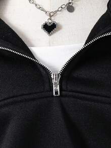 Sweat-shirt col zippé mi-hauteur minimaliste de couleur unie pour filles pré-adolescentes, pour le quotidien et les déplacements, automne/hiver - Noir - Voir 4