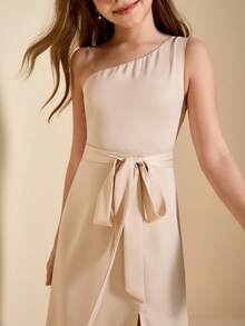 Elegant Flower Girl Dress For Graduation, Wedding, Ball, Halloween, Christmas, Champagne Satin One-Shoulder Waist Bow Strap Backless Midi Dress For Tween Girl, Fashion Open Hem Puffy Princess Dress For Back To School - Champagne - View 8
