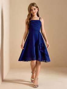 Elegant Luxurious Navy Blue Spaghetti Strap Mid-Length Fitted Formal Dress For Tween Girl, Suitable For Evening Party, Banquet, Birthday, Performance, Vacation, Wedding, Flower Girl, Prom, Back To School, Christmas, Other Occasions
