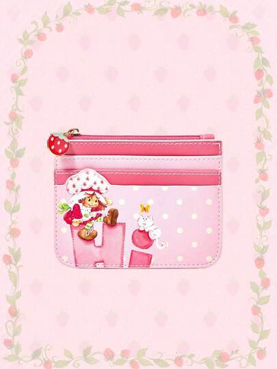 Strawberry Cartoon Pattern Card/Metro Card Holder With Zipper & Key Chain, Small Wallet