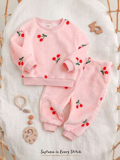 Cozy Pixies Conjunto de 2 piezas de top de manga larga con cuello redondo y pantalones de cintura elástica forrados térmicamente para niña bebé