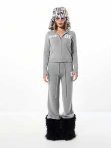 SUMWON WOMEN Sudadera con capucha con cremallera de punto esponjoso con texto en letras para un estilo acogedor de invierno - Gris - Ver 4