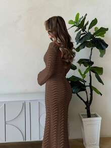 Jemour 纯色性感钩针喇叭袖沙滩裙 - 巧克力棕 - 查看 4