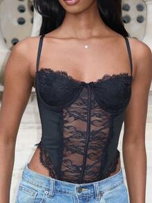 Mima John 女士夏季节日俱乐部服装性感 Y2K 音乐节蕾丝黑色修身紧身衣 - 黑色 - 查看 3