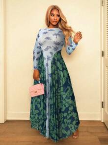 BamGleam 女士新款时尚网纱印花修身连衣裙，大面积展示，适合度假、派对和婚礼等场合。 - 藍色 - 查看 4