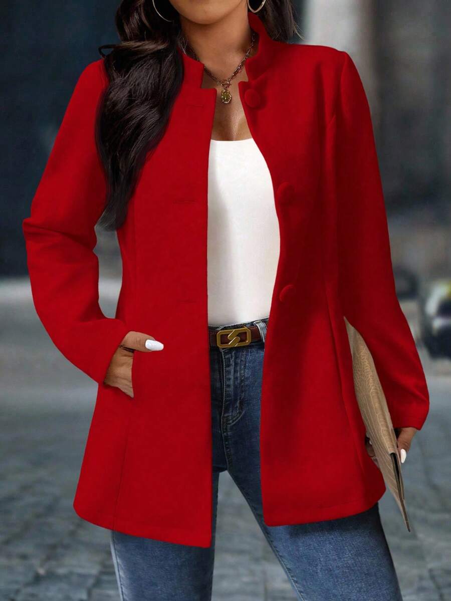 SHEIN PETITE CURVE 大码女式优雅立领带口袋大衣 - 紅色 - 查看 1