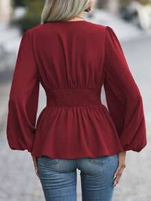 SHEIN LUNE Áo sơ mi peplum đơn giản, cổ chữ V tay dài, xếp ly đơn giản, thường ngày - Màu Đỏ Sâu - Xem 2