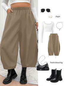 Elenzga 大码女式法式纯色弹力腰带口袋哈伦裤胡萝卜香蕉镰刀腿宽松休闲裤 - 駝色 - 查看 1